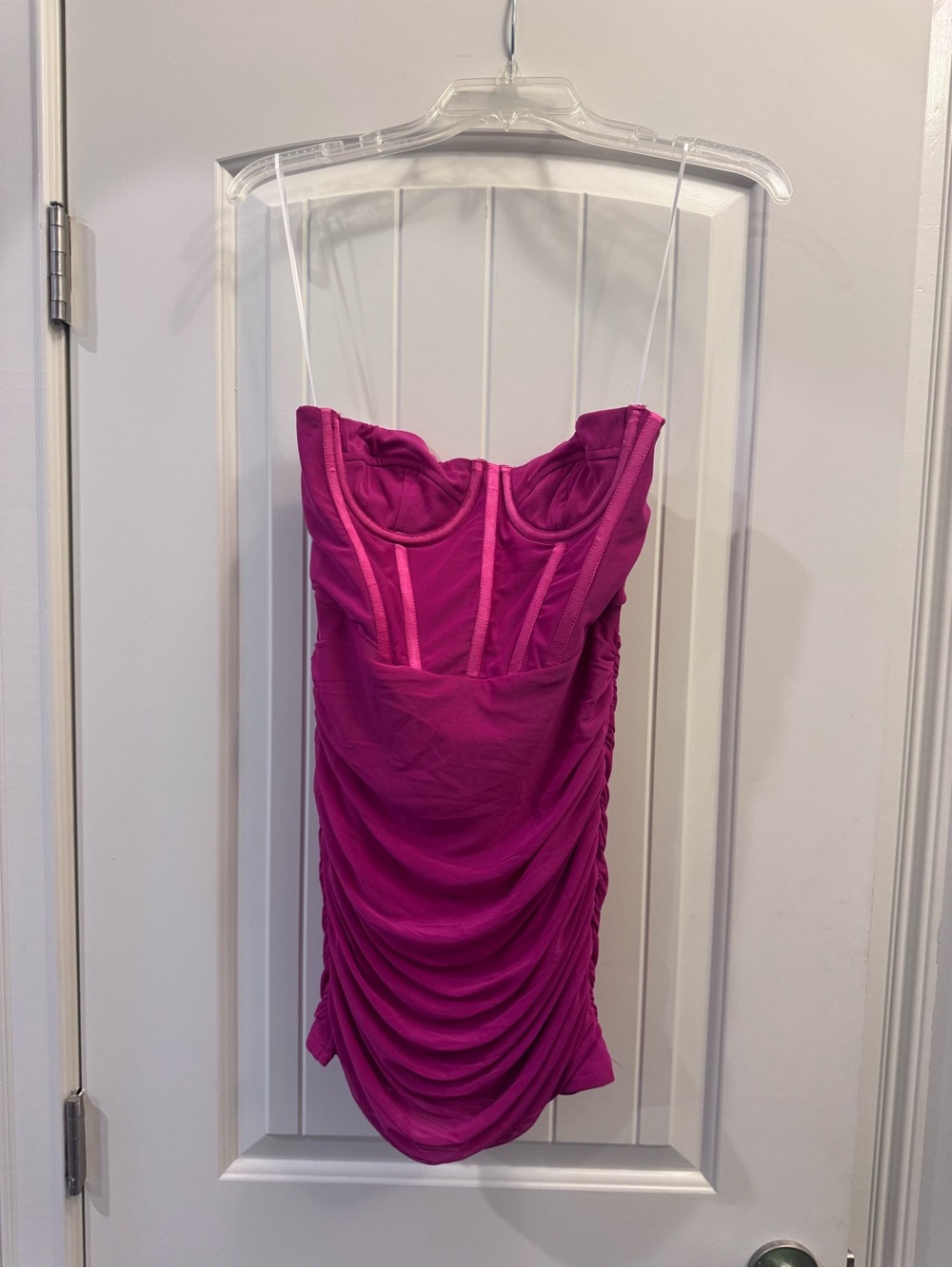 Fuchsia Ruched Bustier Mini Dress with Spaghetti Straps